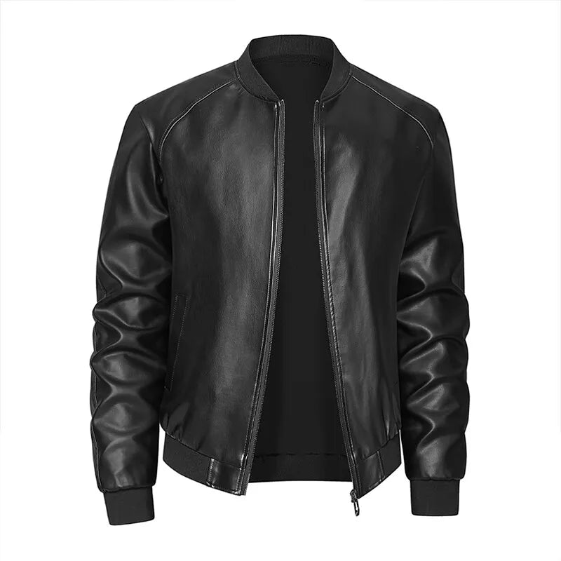 Men’s Leather Zip Jacket with Stand Collar