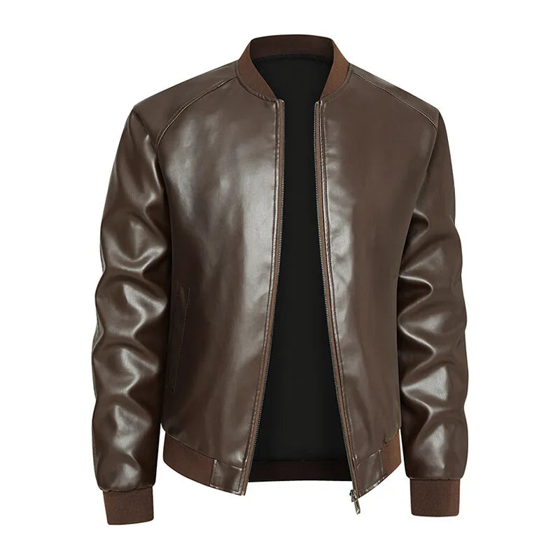 Men’s Leather Zip Jacket with Stand Collar